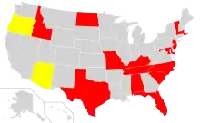 A map of the United States with Alabama, Florida, Idaho, Kentucky, Maryland, Massachusetts, Missouri, New Jersey, North Carolina, North Dakota, South Carolina, Tennessee, Texas and Vermont marked in red to designate the states with official horse breeds or states that have horses or horse breeds as their official state animal. Arizona and Oregon are marked in yellow to designate that they have had proposed state horse breeds.