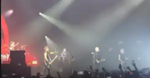 The Offspring performing in 2023.Pictured: drummer Brandon Pertzborn, bassist Todd Morse, vocalist and guitarist Dexter Holland, touring member Jonah Nimoy, and lead guitarist Noodles.