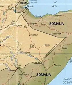 Shaded relief map of Ethiopia, cropped and centred on the Ogaden area