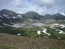 Flat valley or caldera with patches of snow.