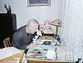 Oldřich Marek at work with binocular microscope
