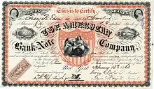 Stock certificate of the American Bank Note Company for 75 shares, issued to Tracy R. Edson on February 13, 1863 in New York and with his handwritten signature as president. Edson was a co-founder of the company and its president from 1858 to 1875.