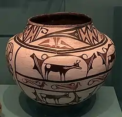 Zuni Pueblo olla with "heartline deer" and waterbird motifs, c. 1900