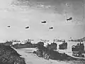 View of Barrage balloons above Omaha Beach on June 24, 1944 as seen by 291st after arriving from Southampton, England aboard a Landing Ship.
