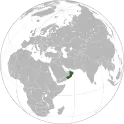 Location of Oman in the Arabian Peninsula (dark green)