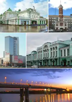 Top: Omsk State Academic Drama Theater, Fire Observation Tower, (left to right) Middle: Omsk Festiwal Complex Center area, Vrubel Fine Art Museum, (left to right) Bottom: 60 years Victory Bridge (Most 60 Letiya Pobedy)