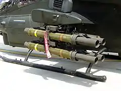 An AH-1W SuperCobra of the Republic of China Army armed with an XM65 launcher and four TOW missiles.