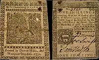 One Shilling note, colonial American money printed 1772