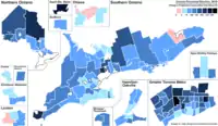 Change in Progressive Conservative vote share by riding compared to the 2014 Ontario election.