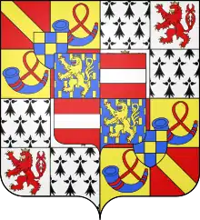 Arms of Rene of Orange-Nassau-Breda (1530-1544) : overall in the center as an escutcheon is the quartered arms of Nassau and Vianden/Breda.