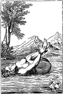 Engraving of a naked woman with hands tied to tied on her back floating on water as a trial by ordeal for being a witch