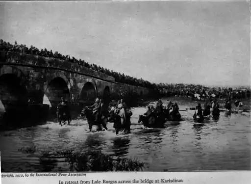 Ottoman troops in retreat from Lule Burgas across the bridge at Karisdiran