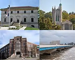 Clockwise from top left: Ottumwa City Hall (Federal Building), St. Mary of the Visitation Catholic Church, Market Street Bridge and Bridge View Center, and Ottumwa High School,