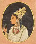 Oval portrait of a woman in a Chaghtai hat, Mughal India,  c. 1740–50