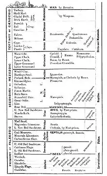 Image 3Geologic time scale from an 1861 book by Richard Owen shows the appearance of major animal types. (from History of paleontology)