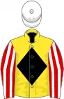 Yellow, black diamond, red and white striped sleeves, white cap