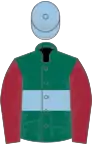 Dark green, light blue hoop, maroon sleeves, light blue cap