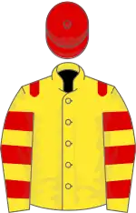 Yellow, red epaulets, hooped sleeves, red cap