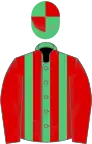 Emerald green and red striped, red sleeves, quartered cap