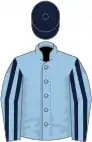 Light blue, dark blue striped sleeves, dark blue cap