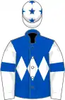 Royal blue, white triple diamond, white sleeves, royal blue armlets and stars on white cap