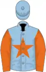 Blue, orange star, orange sleeves, light blue cap