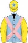 Light blue, pink cross belts, yellow sleeves, yellow cap, light blue star