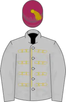 Silver, gold braid, maroon cap, gold tassel