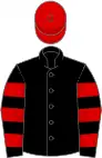 Black, red hoops on sleeves, red cap