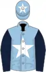 Light blue, white star, dark blue sleeves, light blue cap, white star