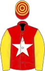 Red, white star, yellow sleeves, red and yellow hooped cap