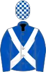 Royal blue, white cross sashes, check cap