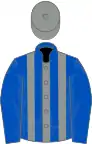 Royal blue and grey stripes, royal blue sleeves, grey cap