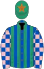 Royal blue and emerald green stripes, pink and royal blue check sleeves, emerald green cap, orange star