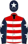 Red, white hoops, dark blue sleeves, white stars, dark blue cap, white star