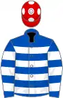 Royal blue and white hoops, red cap, white spots