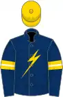 Navy Blue, gold lightning bolt, navy blue sleeves, gold armlets, gold cap