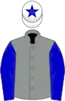 Grey, blue sleeves, white cap, blue star