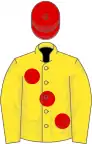 Yellow, large red spots, red cap