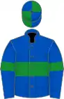 Royal blue, green hoop and armlets, quartered cap
