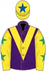 Purple, yellow chevron, yellow sleeves, emerald green stars, yellow cap, royal blue star