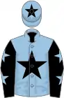 Light blue, black star, black sleeves, light blue stars, light blue cap, black star