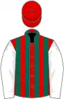 Red and dark green stripes, white sleeves, red cap