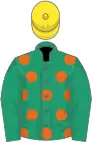 Emerald green, orange spots, emerald green sleeves, yellow cap