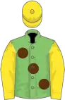 Light green, large brown spots, yellow sleeves and cap