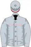 Gray silks with red trim on helmet brim and "CHROME" in red outlined letters on the rider's chest