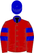 Red jacket with blue stripes on arms, blue collar and blue helmet
