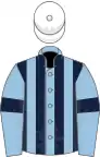 Light blue and dark blue stripes, light blue sleeves, dark blue armlets, white cap