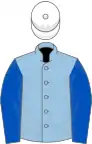 Light blue, royal blue sleeves, white cap