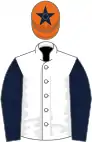 White, dark blue sleeves, orange cap, dark blue star